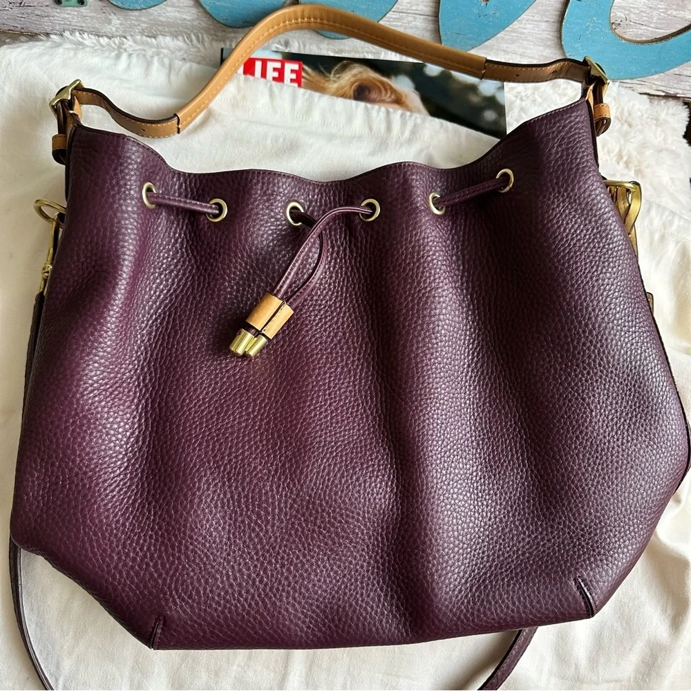 COACH EGGPLANT DRAWSTRING PEBBLED LEATHER BUCKET HOBO BAG